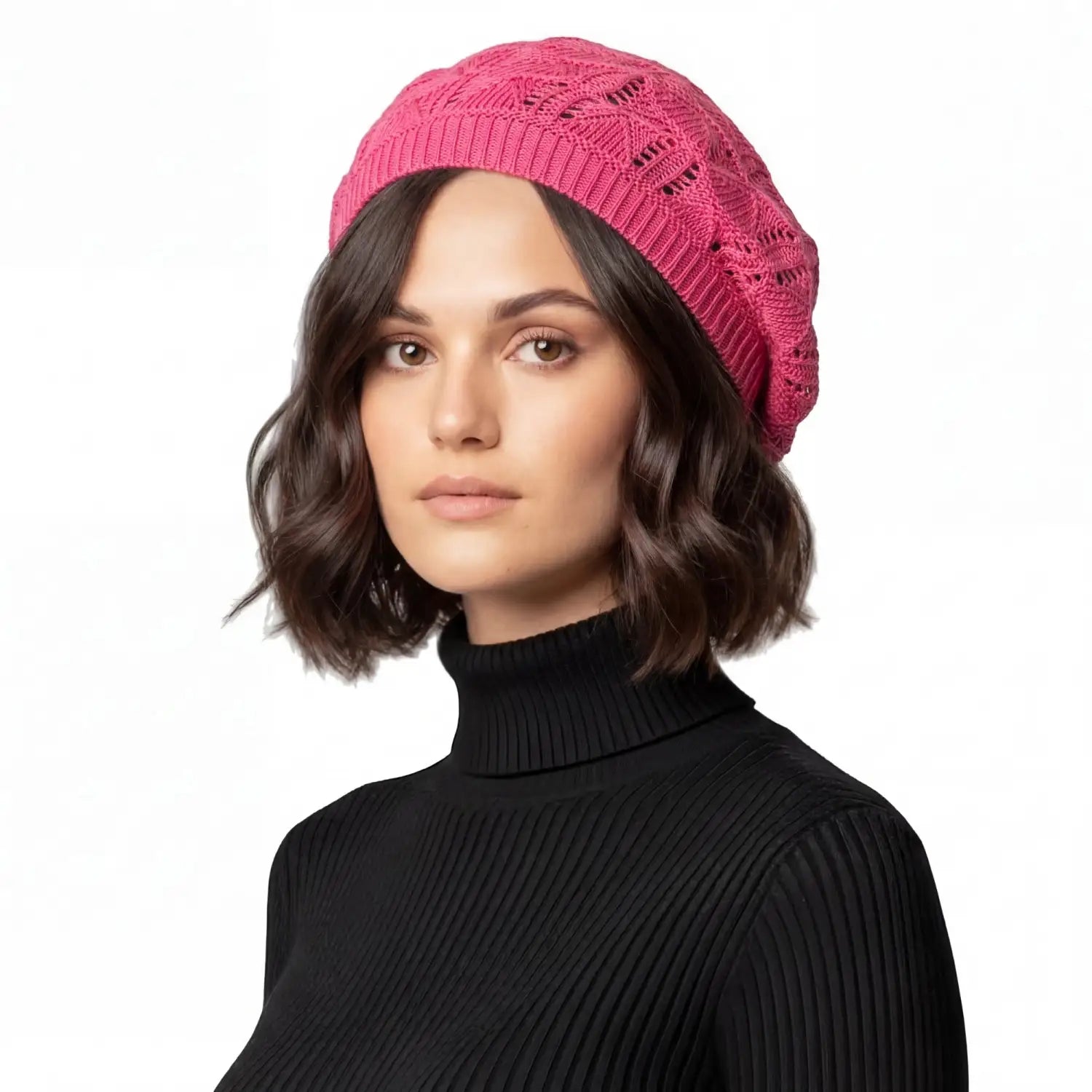 Women’s Triangle Design Knitted Crochet Beanie Hat - Fuchsia - Hats