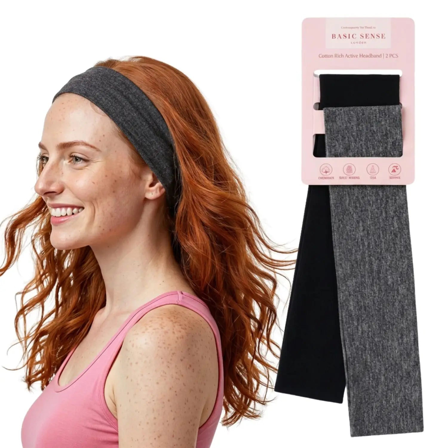Workout Headbands for Women – Non-Slip Cotton Sweatbands - Black - Dark Grey / 5cm Width - Headbands