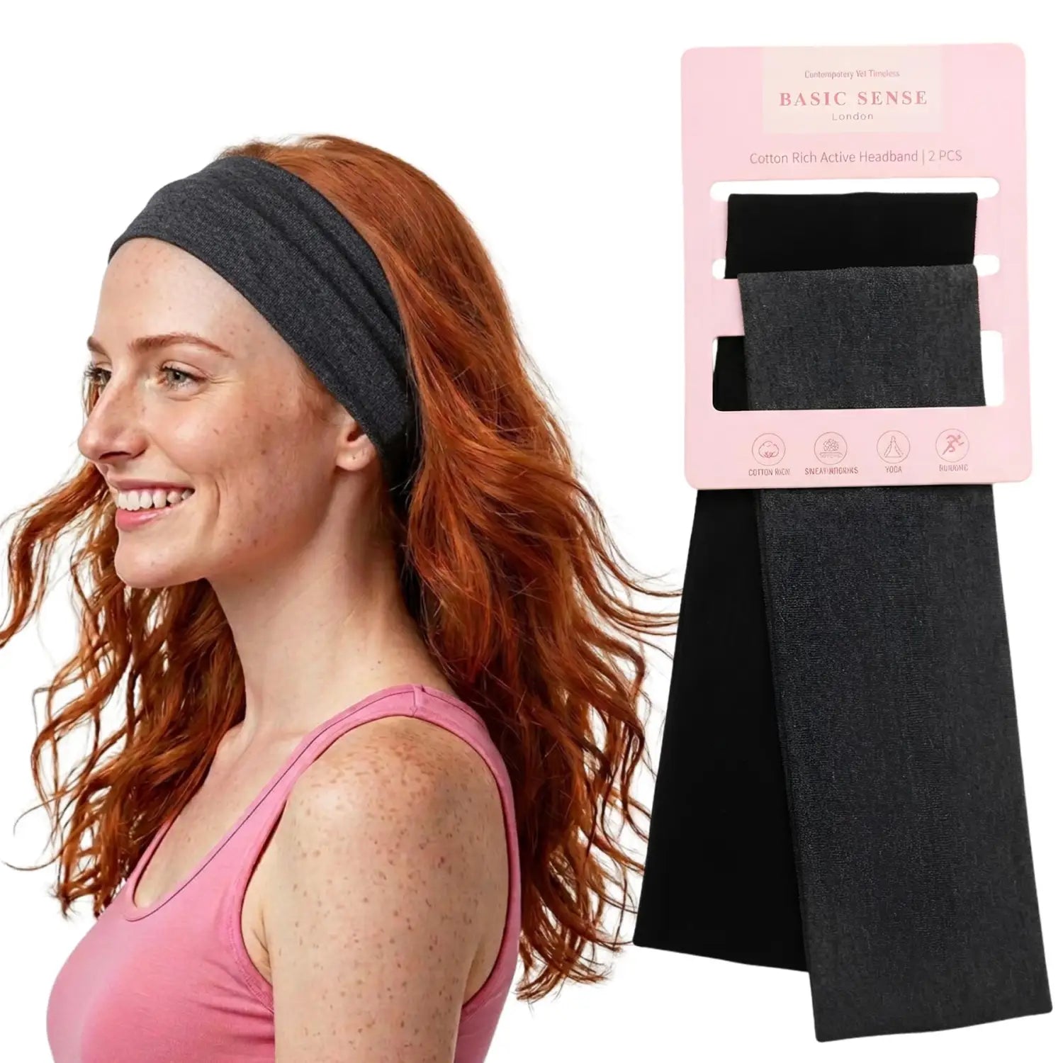 Workout Headbands for Women – Non-Slip Cotton Sweatbands - Black - Dark Grey / 7cm Width - Headbands