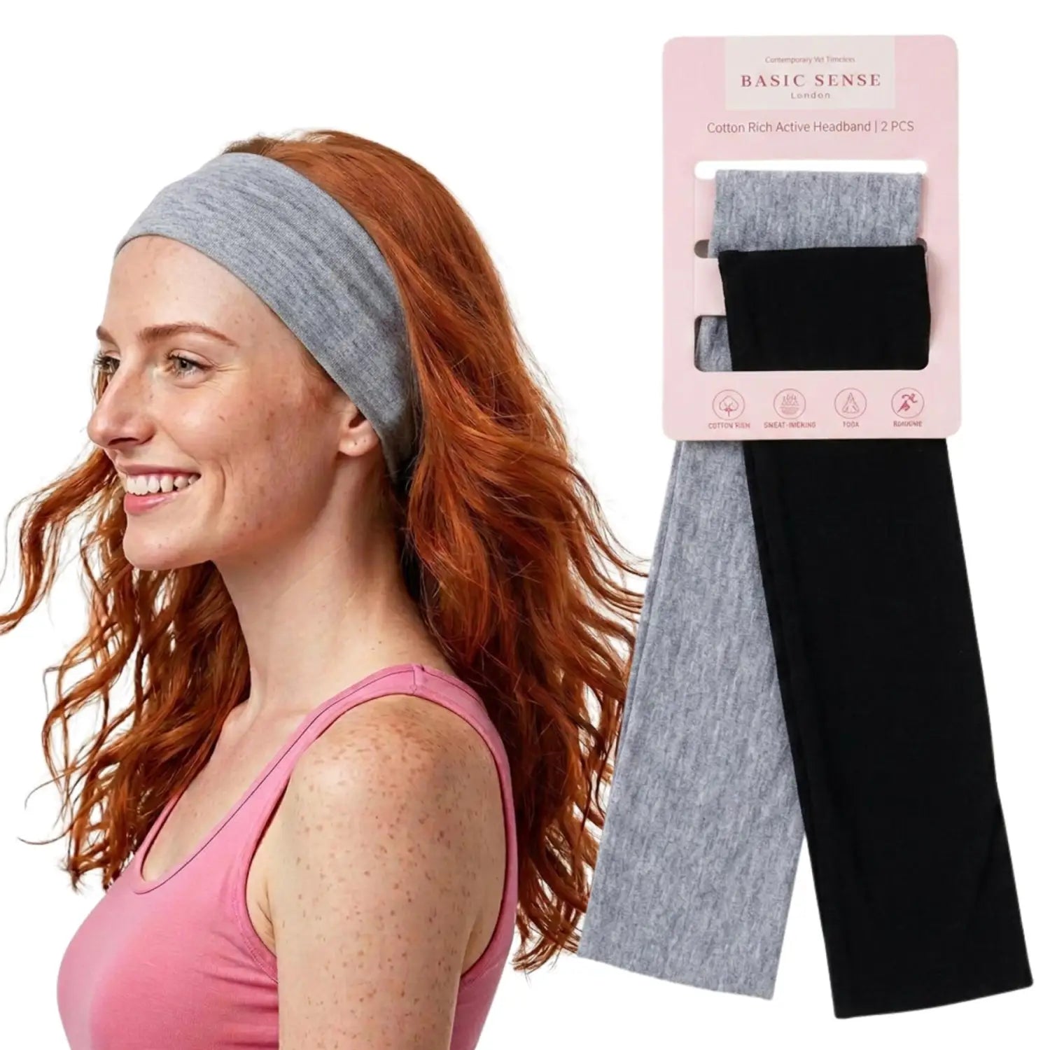 Workout Headbands for Women – Non-Slip Cotton Sweatbands - Black - Grey / 7cm Width - Headbands