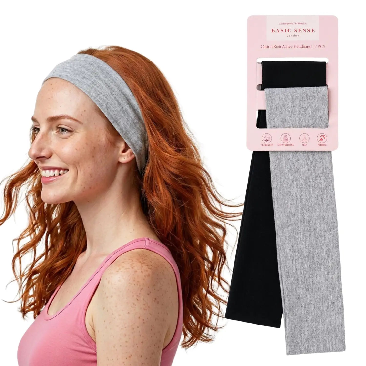 Workout Headbands for Women – Non-Slip Cotton Sweatbands - Black - Grey / 5cm Width - Headbands