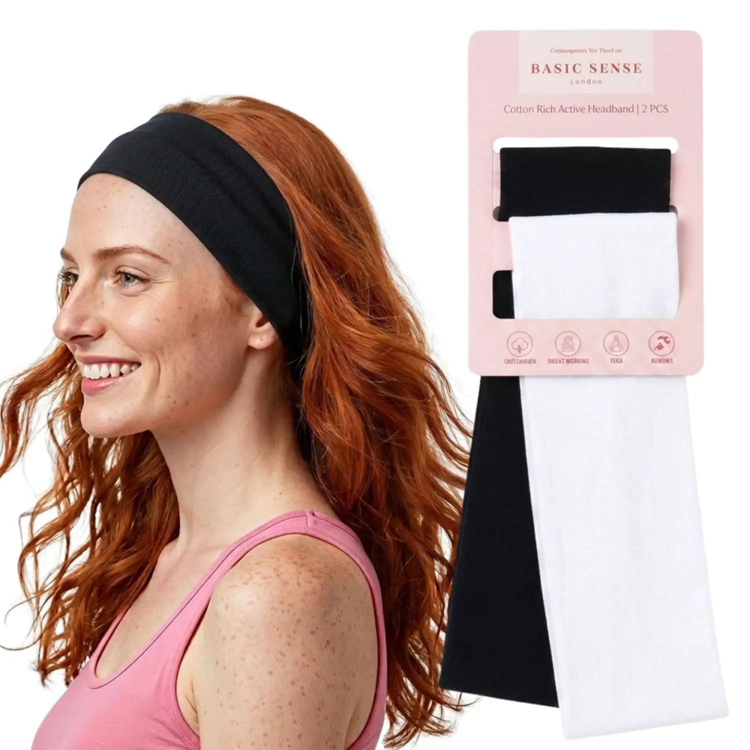 Workout Headbands for Women – Non-Slip Cotton Sweatbands - Black - White / 7cm Width - Headbands