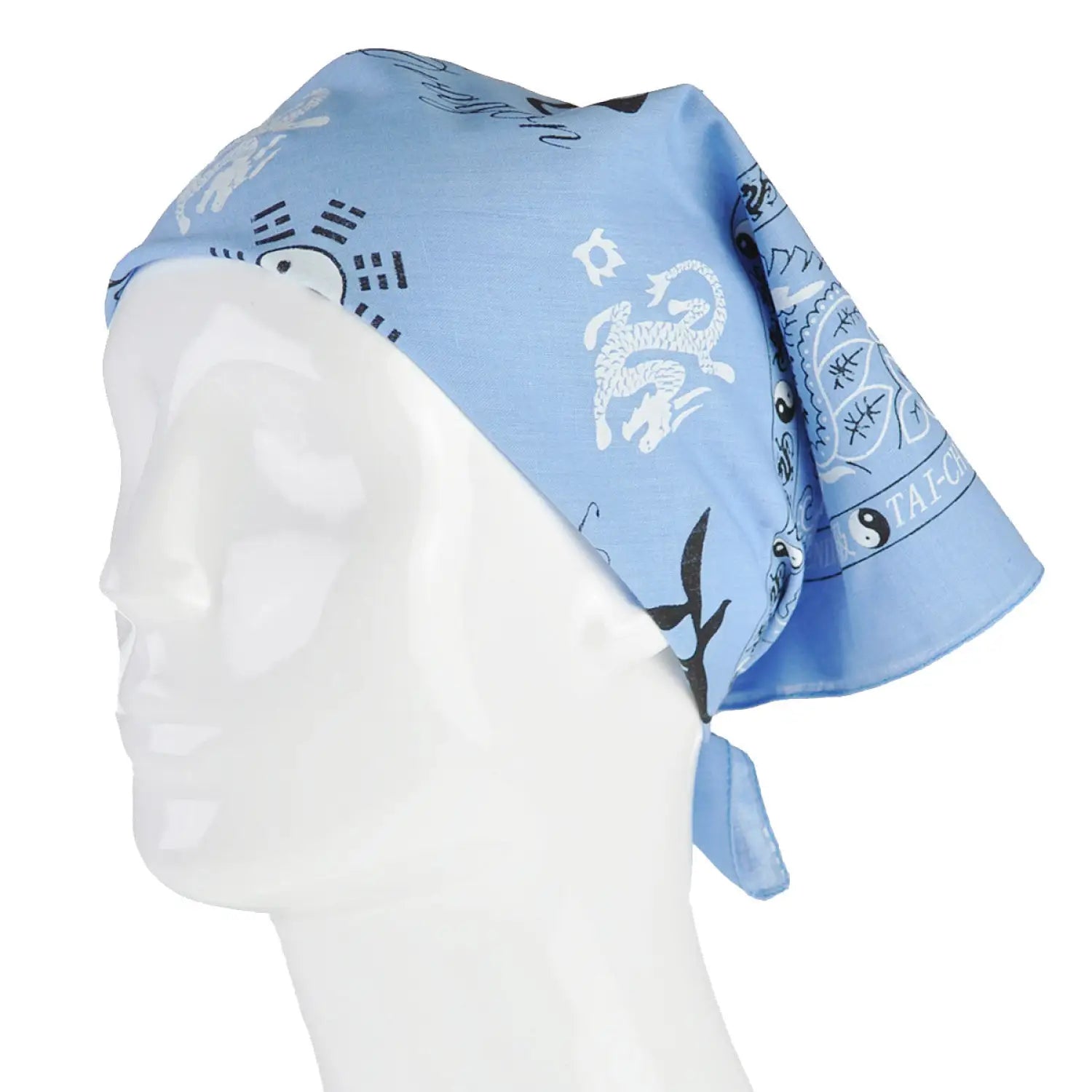 Blue scrub hat with white and black Ying & Yang paisley print square design
