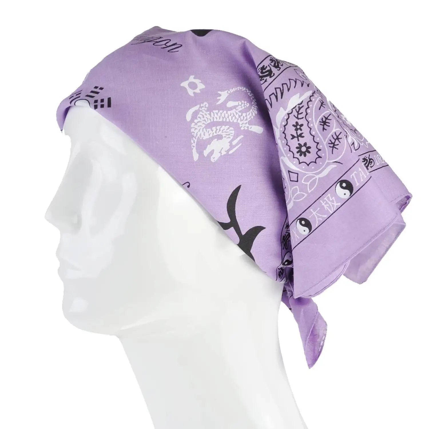 Purple Ying & Yang Paisley Print Square Bandana with Black Birds and Flowers, 100% Cotton