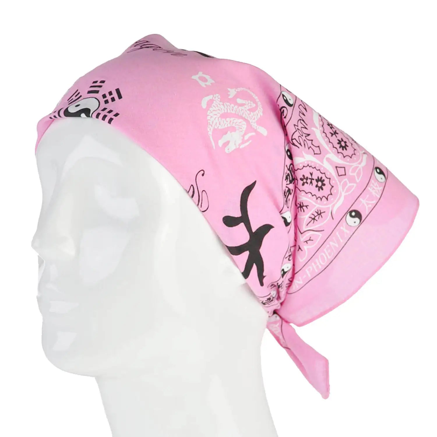Pink paisley bandana hat with black and white design - Ying & Yang Paisley Print Square Bandana in 100% Cotton