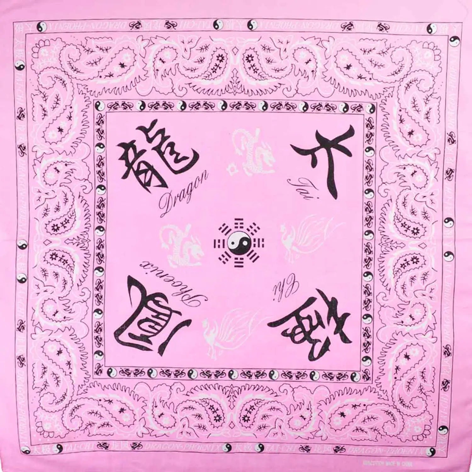 Pink silk scarf with Chinese characters on Ying & Yang paisley print square bandana in 100% cotton