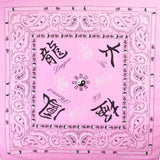 Pink silk scarf with Chinese characters on Ying & Yang paisley print square bandana in 100% cotton