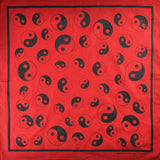 Red scarf with black and white circles on Ying Yang Print Square bandana