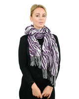 Woman wearing Zebra Print Metallic Tassel Scarf