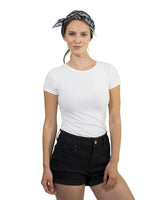 Zebra print multifunctional square bandana on a woman in white shirt and black shorts
