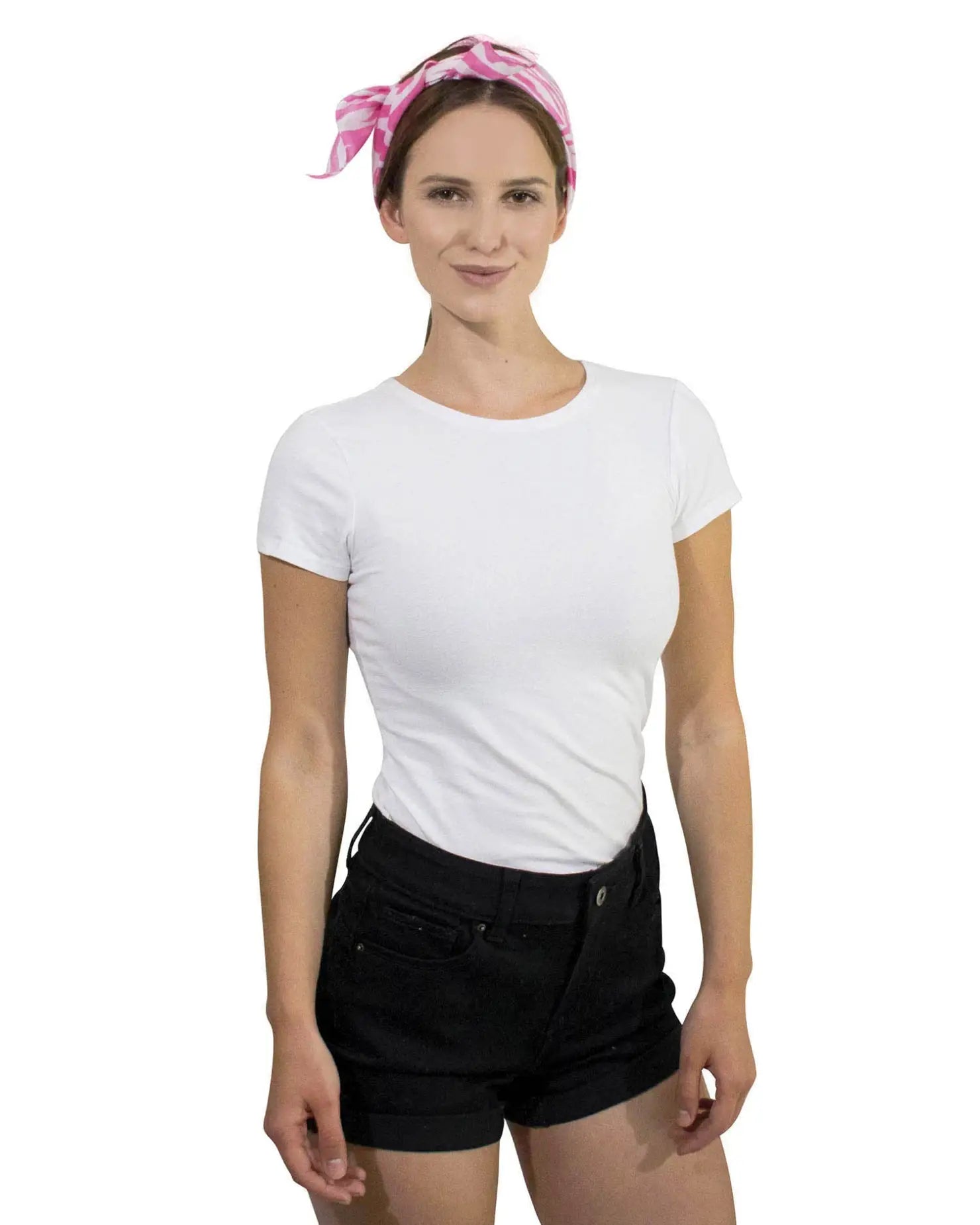 Zebra print multifunctional square bandana worn by woman in white shirt and black shorts