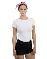 Zebra print multifunctional square bandana worn by woman in white shirt and black shorts