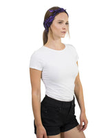 Zebra Print Multifunctional Square Bandana worn by a woman in white shirt and black shorts