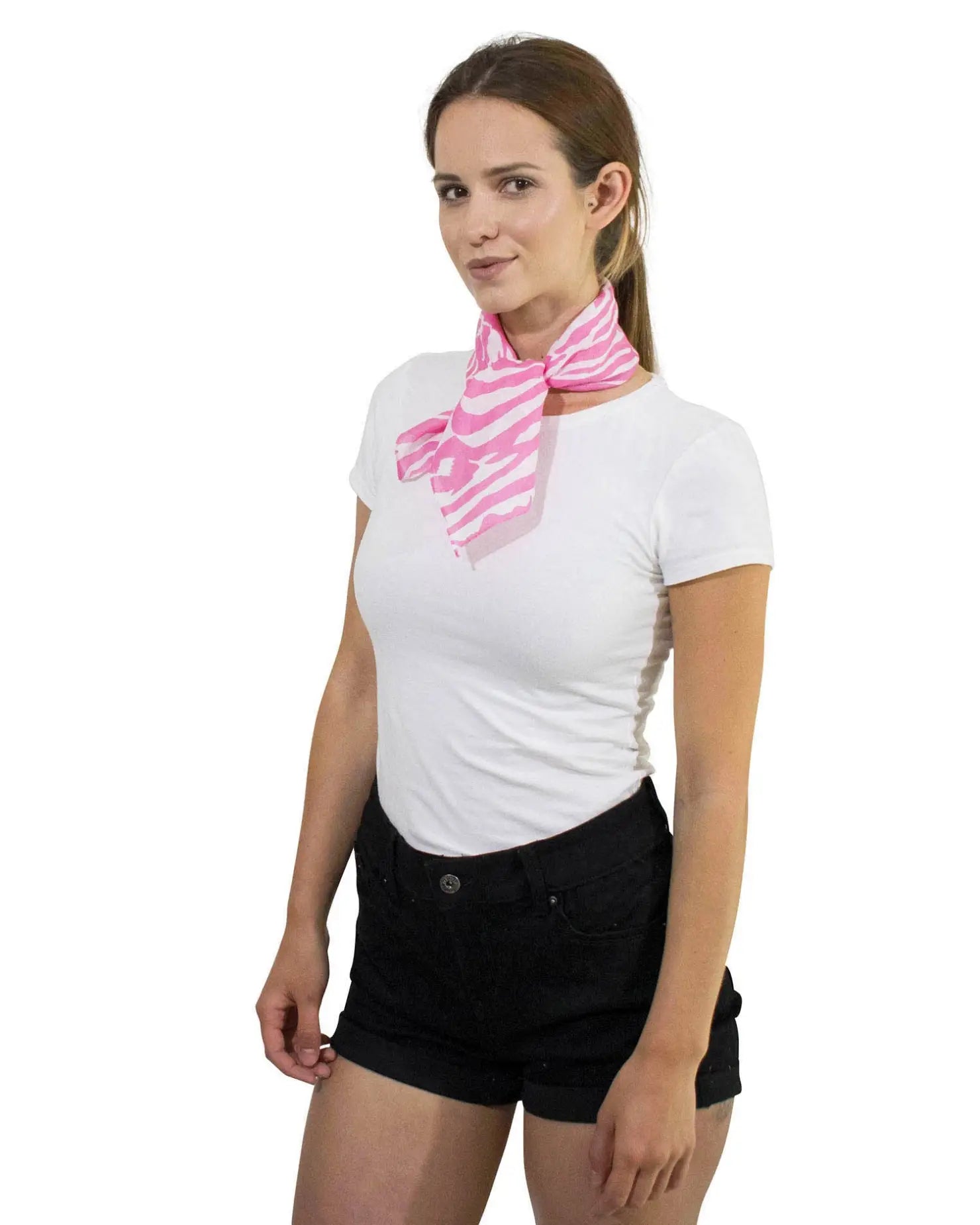 Zebra print multifunctional square bandana worn by woman in pink and white striped scarf